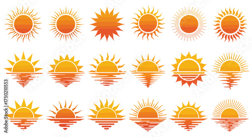 Various stylized vector illustrations of sun symbols and sunrises with water reflections