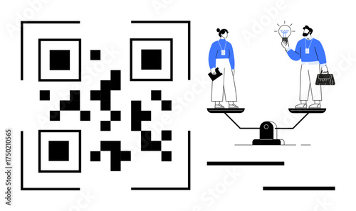 QR code next to two professionals balancing on scales, sharing ideas and innovation. Ideal for technology, teamwork, balance, collaboration, business innovation, problem-solving equality. Simple