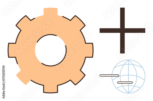 Large orange gear, bold plus sign, and subtle globe line art with horizontal lines. Ideal for innovation, teamwork, progress, global connectivity, technology workflow and solutions. Simple flat