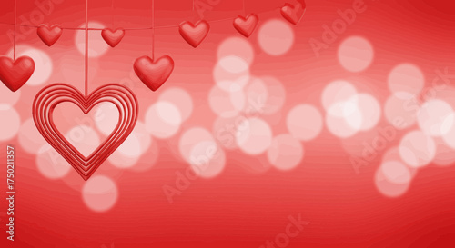 Romantic Valentine's Day background with hanging hearts and bokeh lights in red
