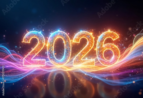 Vibrant Neon 2026 Typography with Flowing Light Waves