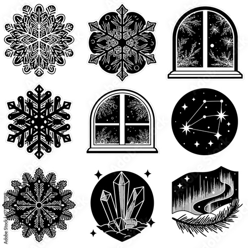 A captivating collection of nine intricate black and white illustrations featuring winter elements, celestial bodies, and mystical symbols, perfect for seasonal designs.