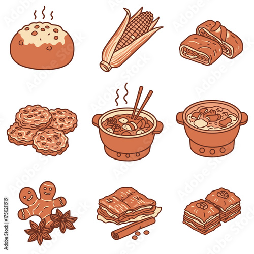 An inviting collection of diverse culinary delights, from warm baked goods and savory stews to sweet desserts, presented in a charming monochrome illustration style.