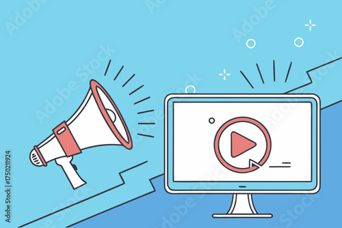 Computer Screen Showing Video Play Button Beside a Megaphone