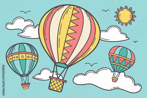 Colorful hot air balloons floating in a bright blue sky