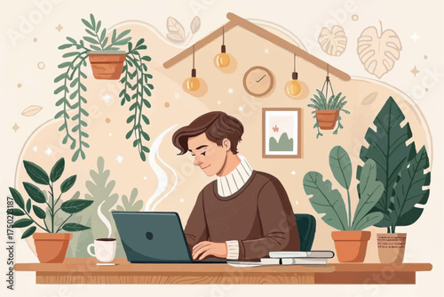 A man working on a laptop surrounded by plants in a cozy room with a clock and hanging lights above him