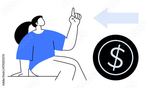 Individual pointing upward, seated near a dollar sign and arrow symbolizing financial direction or profit. Ideal for finance, strategy, growth, investment insight, wealth, savings, simple flat