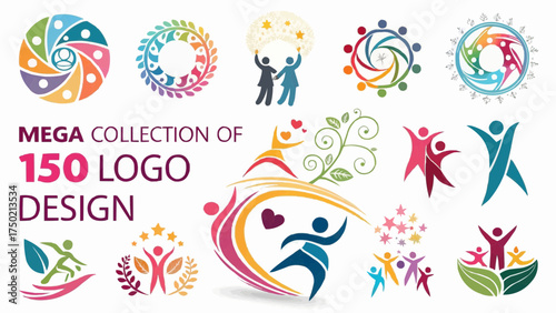 Collection of diverse logo designs featuring abstract figures and circular patterns in various color schemes