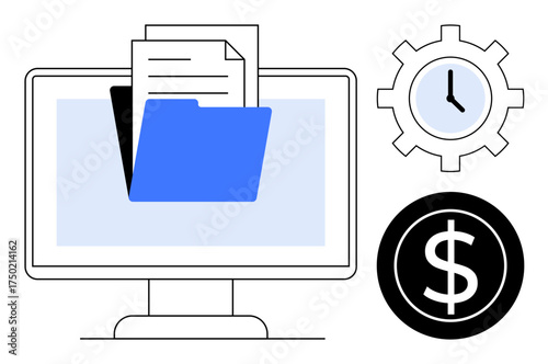 Computer screen with a blue folder and files, gear with clock, and dollar symbol. Ideal for productivity, organization, digital workflow, cost management, time tracking, efficiency simple flat
