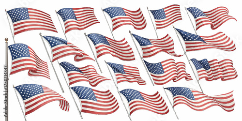 A collection of american flags waving in different directions on a white background illustration art