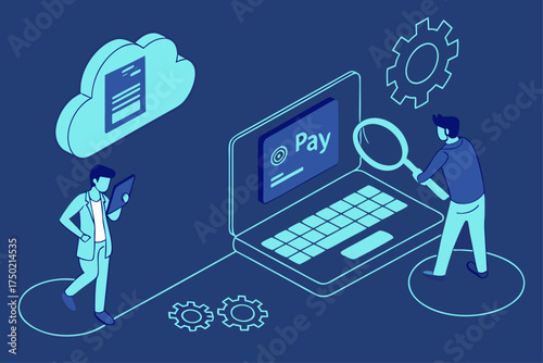 Digital Payment Concept Using Laptop and Cloud Data Transfer