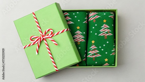 Festive gift unwrapping event holiday celebration decorative content cozy indoor environment close-up view bright green gift box filled with playful christmas tree socks