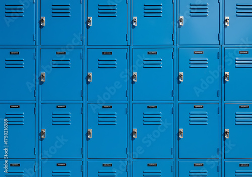 A close-up view of a grid of bright blue school lockers with closed doors.