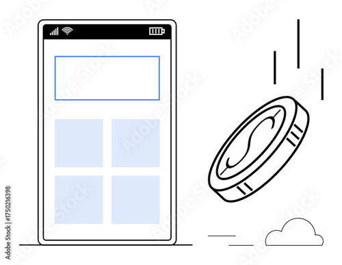 Mobile phone screen with app interface alongside currency coin in motion. Ideal for finance, payments, digital currency, e-commerce, fintech, savings, technology. Simple flat metaphor