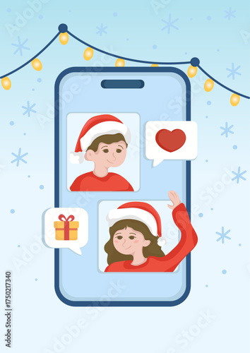 Online Christmas Greeting - Video Call on Smartphone with Holiday Spirit