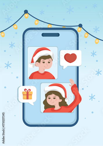 Online Christmas Greeting - Video Call on Smartphone with Holiday Spirit.eps