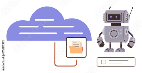 Robot interacting with connected cloud storage and file data transfer. Ideal for innovation, AI, technology, automation, data storage, digital workflow, futuristic concepts. Simple flat metaphor