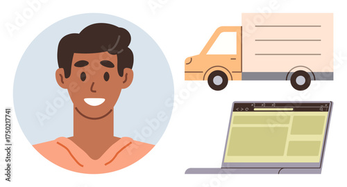 Smiling person, a delivery truck, and a laptop with a webpage open. Ideal for delivery services, e-commerce, logistics, customer support, technology online shopping communication. Simple flat