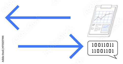 Two opposite arrows illustrate data exchange, clipboard with analytics represents reporting, and binary code in a speech bubble conveys programming. Ideal for technology, communication, coding, data