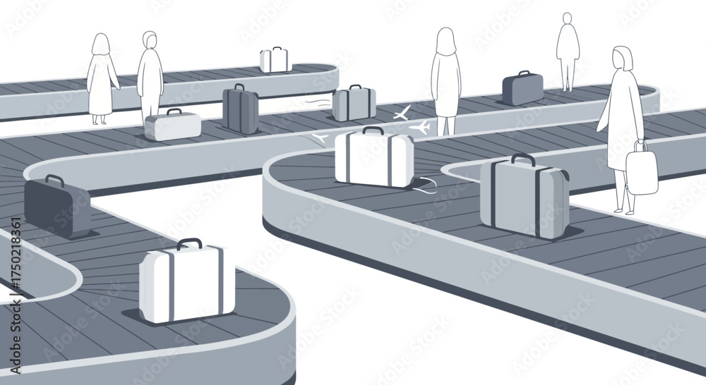 Fototapeta premium Airport baggage claim featuring stylized people and luggage on conveyor belts