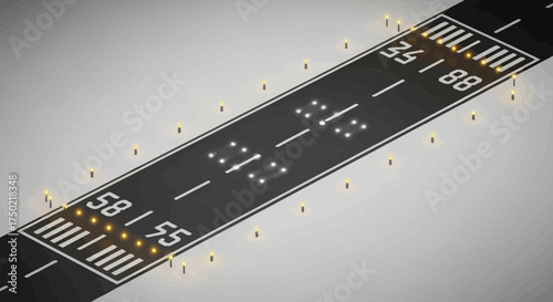 Aerial perspective of an illuminated runway showcasing airport infrastructure