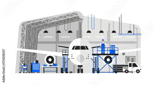 Aircraft Maintenance in Hangar Illustrated with Airplane and Staff Repairing