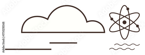 Cloud outline with simple horizontal lines and atom icon, emphasizing science, technology, energy, and connectivity. Ideal for data, innovation, sustainability, education energy cloud computing