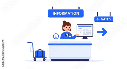 Airport information desk providing assistance and guiding passengers well