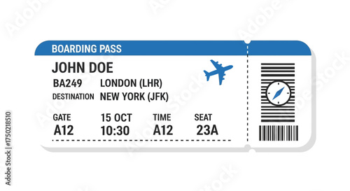 Detailed illustration of a boarding pass for a flight from London to New York