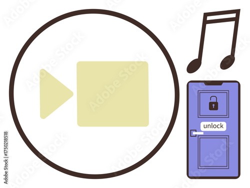 Circular play button, music note, and door with lock signify multimedia, creativity, security, digital media, and permission. Ideal for entertainment, safety streaming access control technology