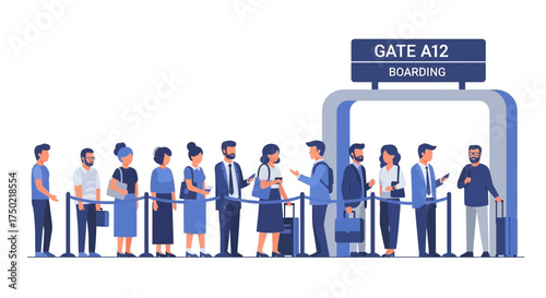 Diverse group of passengers waiting in line for boarding at gate A12