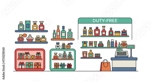 Duty-free shopping scene with cosmetics, perfumes, and gift boxes display