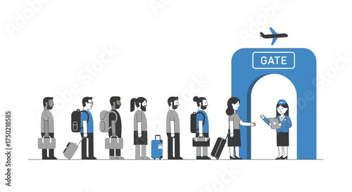 Flat Design Illustration of Passengers Queuing at Airport Gate for Boarding