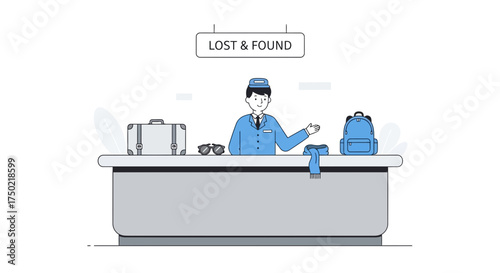 Illustration of a lost and found counter with an employee and items