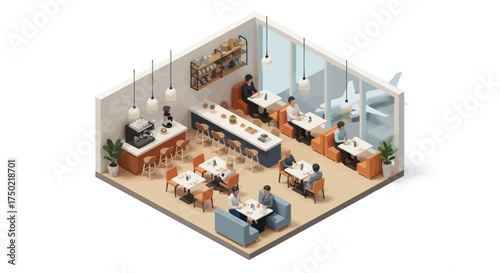 Isometric Airport Restaurant Interior with Diners and Airplane View