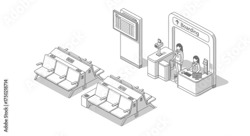 Isometric airport scene depicting waiting area and boarding check-in process