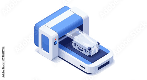 Isometric Airport Security Scanner Inspecting Luggage, Conveyor Belt System