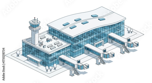 Isometric airport terminal design featuring modern architectural style