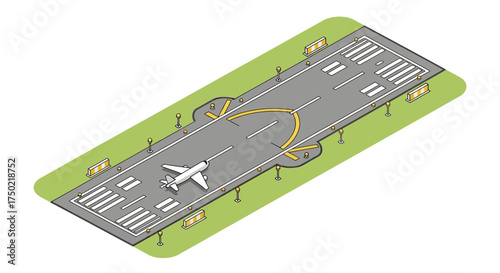 Isometric aviation runway illustration with airplane and grass field