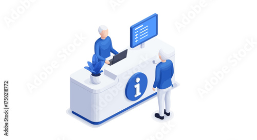 Isometric illustration depicting an information desk with personnel assistance