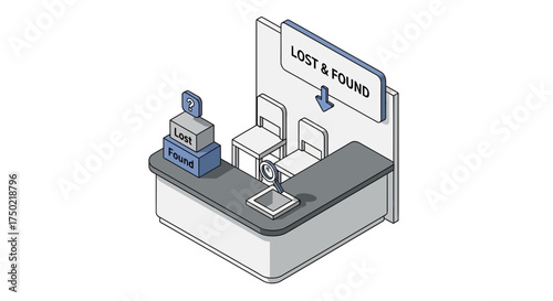 Isometric illustration of a lost and found counter with simple design