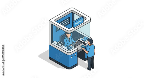 Isometric Illustration of Passport Control at Airport Immigration Service