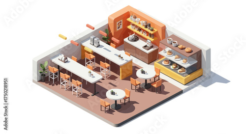 Isometric illustration showcases a cozy coffee shop and bakery design