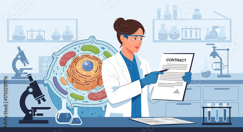 Female scientist reviewing research contract in a modern laboratory setting
