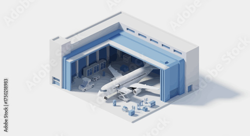 Isometric Illustration Showcasing Aircraft Maintenance inside a Hangar Facility