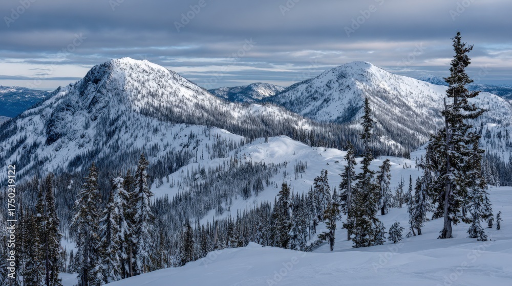 Fototapeta premium Snowy Mountain Peaks Landscape with Fir Trees Under Cloudy Sky, Winter Wilderness Scenery