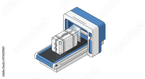 Isometric vector illustration of luggage security scanner with suitcase