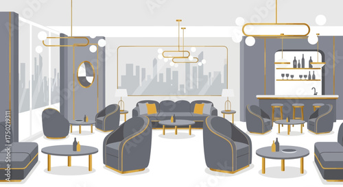 Luxury lounge interior illustration with cityscape view and bar area