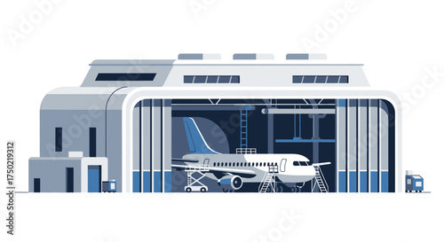 Maintenance hangar with airplane undergoing inspection and repairs illustration