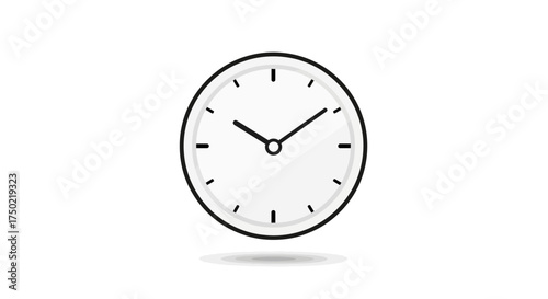 Minimalist clock illustration on a stark white backdrop, showing time